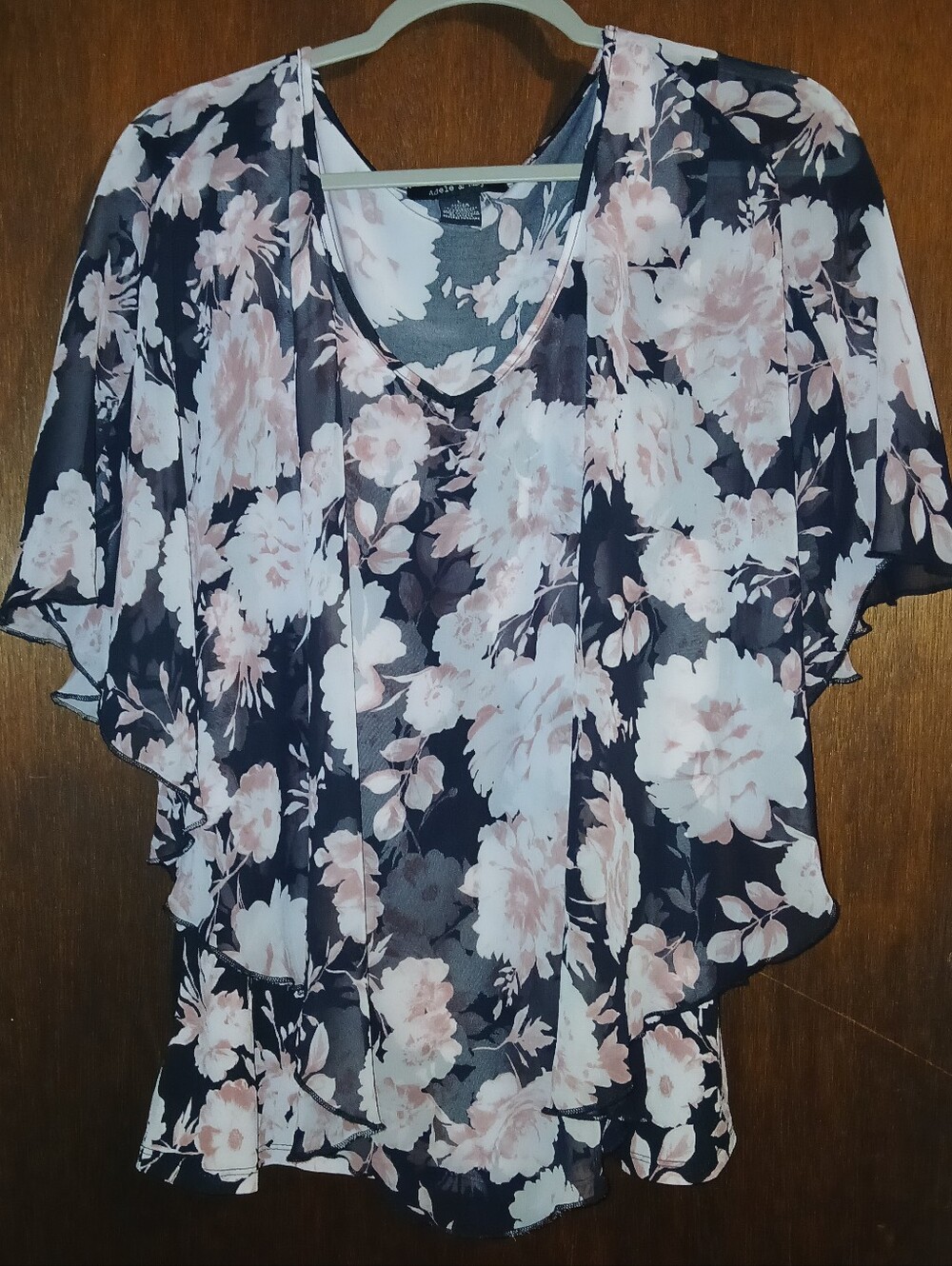 Adele & May Black White & Pink Floral Poncho w/ Built-In Tank Top, Size L Women